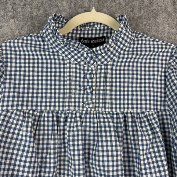 Scarlet Darkness Victorian Gingham Blouse Lantern Sleeves Blue White‎ Size M - Picture 3 of 8